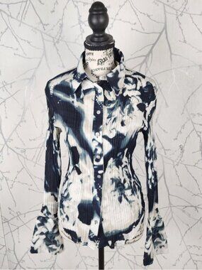 Caviar Abstract Tie Dye Print Crinkle Pleated Blouse